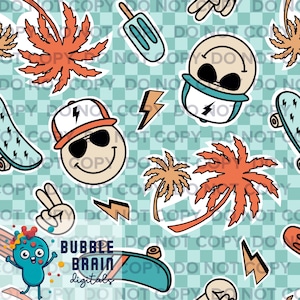 Puede incluir: Un patrón sin costuras que presenta una variedad de ilustraciones coloridas y divertidas, que incluyen una cara sonriente con gafas de sol y un sombrero, palmeras, patinetas, rayos y paletas de hielo. El fondo es un patrón a cuadros azul claro.