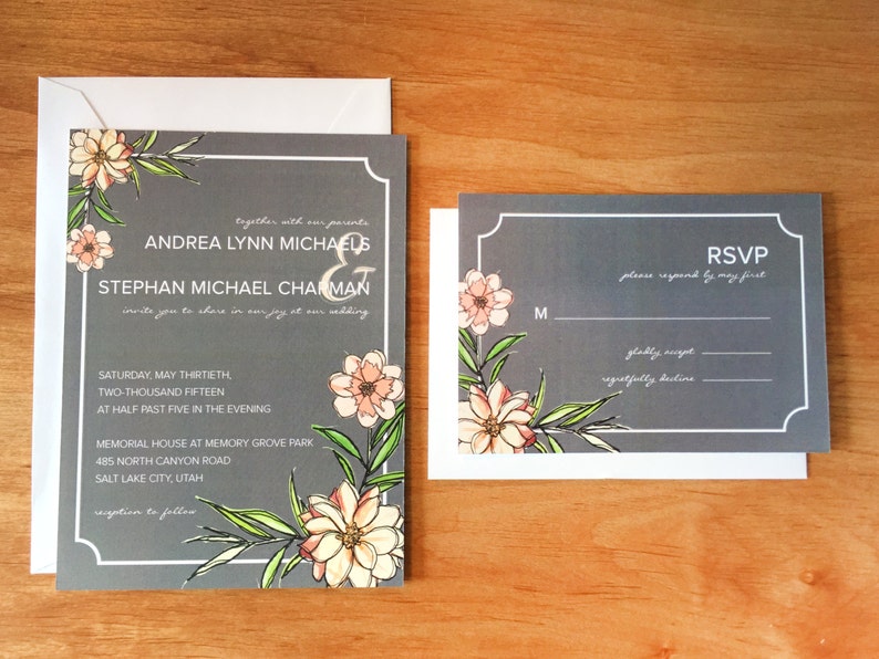Grey /& Peach Floral Wedding Invitations