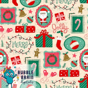 May include: A Christmas-themed pattern with Santa Claus, gift boxes, candy canes, baubles, and gingerbread men in red, green, and pink on a cream background. The word "Merry" is displayed in a decorative font.