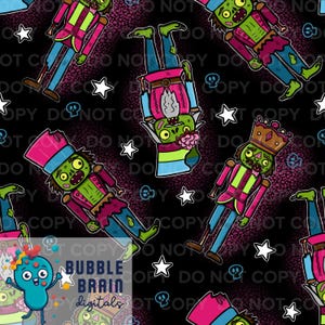 May include: A repeating pattern featuring zombie nutcracker figures in pink, green, and blue, with white stars and skull icons on a black background. The figures are in various poses, some upside down. The text "BUBBLE BRAIN digitals" is in the lower left corner.