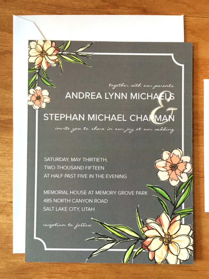 Grey /& Peach Floral Wedding Invitations