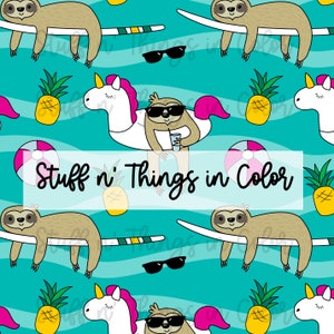 May include: A seamless pattern featuring a variety of summer-themed illustrations, including sloths, pineapples, unicorns, sunglasses, and beach balls. The text "Stuff n' Things in Color" is displayed in a white box.