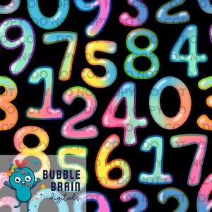 Könnte beinhalten: Ein nahtloses Muster aus regenbogenfarbenen Zahlen auf schwarzem Hintergrund. Die Zahlen sind in einer Blasenschriftart gehalten und in einem zufälligen Muster angeordnet. Der Text "BUBBLE BRAIN digitals" befindet sich in der unteren Mitte des Bildes.