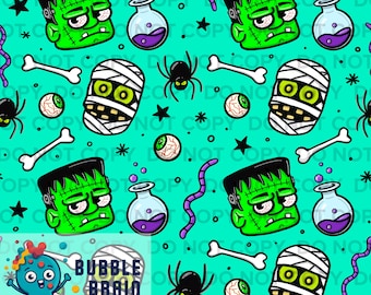 Frankenstein and Mummy Halloween Hand-drawn Seamless Pattern File