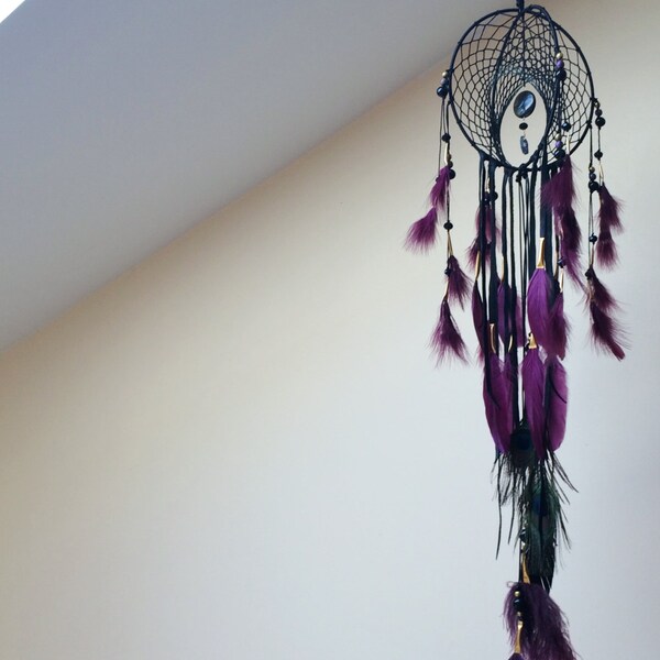 Labradorite + Aura Quartz - Empress Meridian 8"Dia | 3D DreamCatcher | Black DreamCatcher  | Mystical Home Decor | Sacred Geometry Art