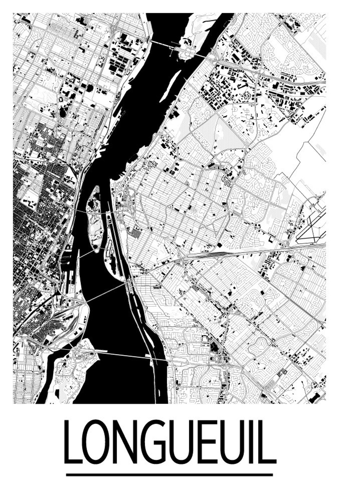 Longue Rive Map Longueuil Quebec Map Poster - Quebec Map Print - Art Deco Series - Etsy