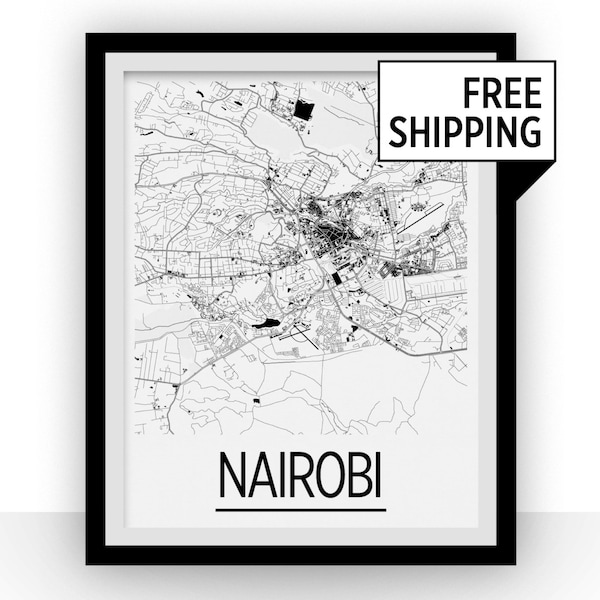 Pôster do mapa de Nairóbi - Impressão do mapa do Quênia - Série Art Déco