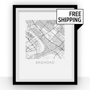 Baghdad Map Black and White Print - iraq Black and White Map Print