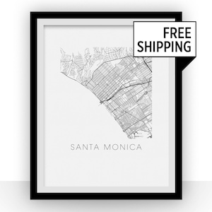 Santa Monica Map Black and White Print - california Black and White Map Print