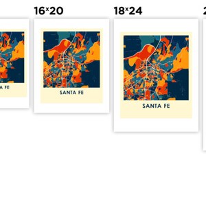May include: A comparison of different sizes for a print of a colorful map of Santa Fe, New Mexico. The map is in a retro style with a blue, orange, and yellow color scheme. The sizes range from 8.5 x 11 inches to 24 x 36 inches.