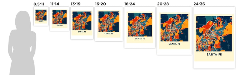 May include: A comparison of different sizes for a print of a colorful map of Santa Fe, New Mexico. The map is in a retro style with a blue, orange, and yellow color scheme. The sizes range from 8.5 x 11 inches to 24 x 36 inches.