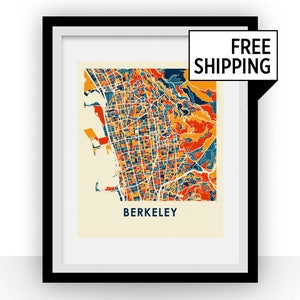 May include: A colourful map print of Berkeley, California, in a vintage style. The map is in shades of orange, yellow, blue, and red. The city name is printed in blue at the bottom of the map.