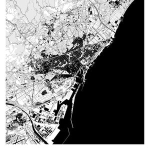 May include: Black and white map of Barcelona, Spain. The map shows the city's streets, buildings, and coastline.