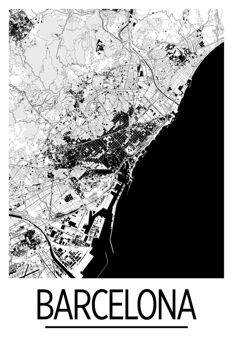 May include: Black and white map of Barcelona, Spain. The map shows the city's streets, buildings, and coastline.