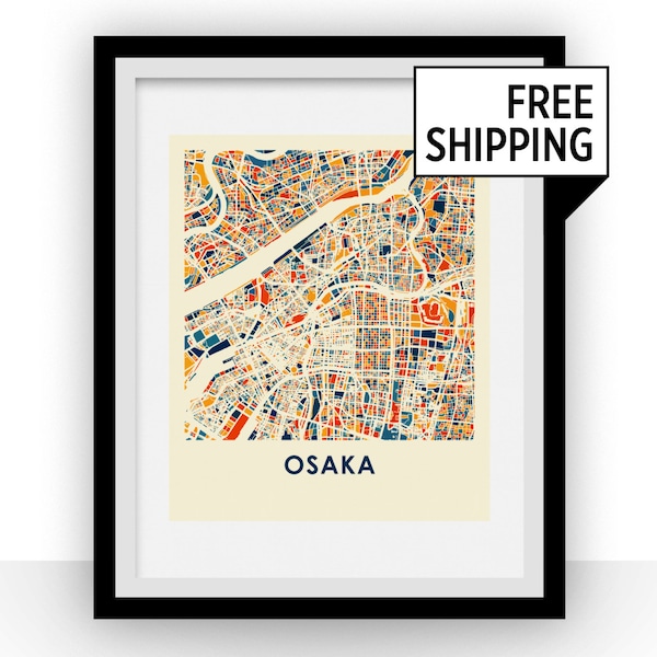 Osaka Karte Grafik - vollfarbig Karte Plakat