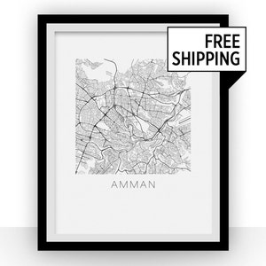 Amman Map Black and White Print - jordan Black and White Map Print