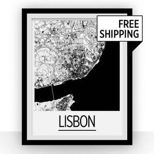 Lissabon kaart Poster - Portugal kaart Print - Art Deco serie