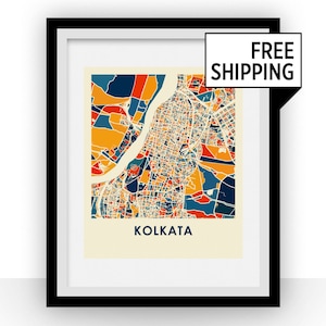 Op de afbeelding: Een kleurrijke kaartprint van Kolkata, India, met een zwarte lijst en de tekst "GRATIS VERZENDING" in een wit kader.