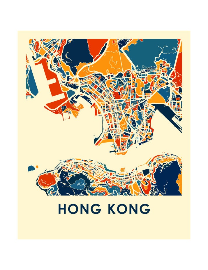 Hong Kong Map Print Full Color Map Poster Etsy
