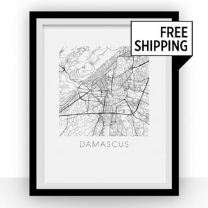 Damascus Map Black and White Print - syria Black and White Map Print
