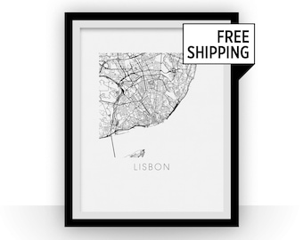 Lissabon kaart zwart en wit Print - portugal zwart en wit kaart afdrukken
