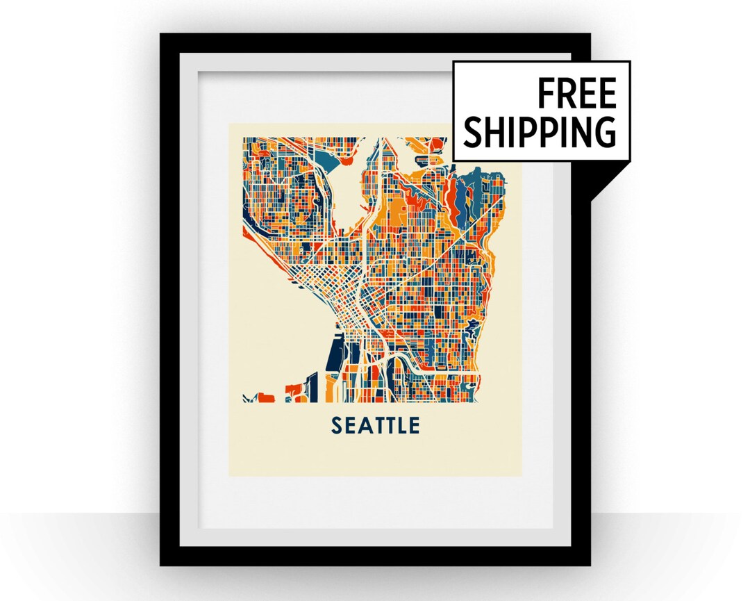 Seattle Map Print - Full Color Map Poster - Etsy