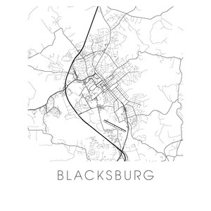 Blacksburg Map Black and White Print - Virginia Black and White Map ...