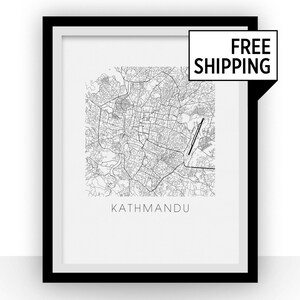 Kathmandu Map Black and White Print - nepal Black and White Map Print