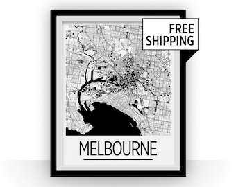 Puede incluir: Impresión de mapa en blanco y negro de Melbourne, Australia, en un marco negro con la palabra "MELBOURNE" impresa debajo del mapa. El texto "ENVÍO GRATIS" está impreso en un cuadro blanco en la esquina superior derecha de la imagen.