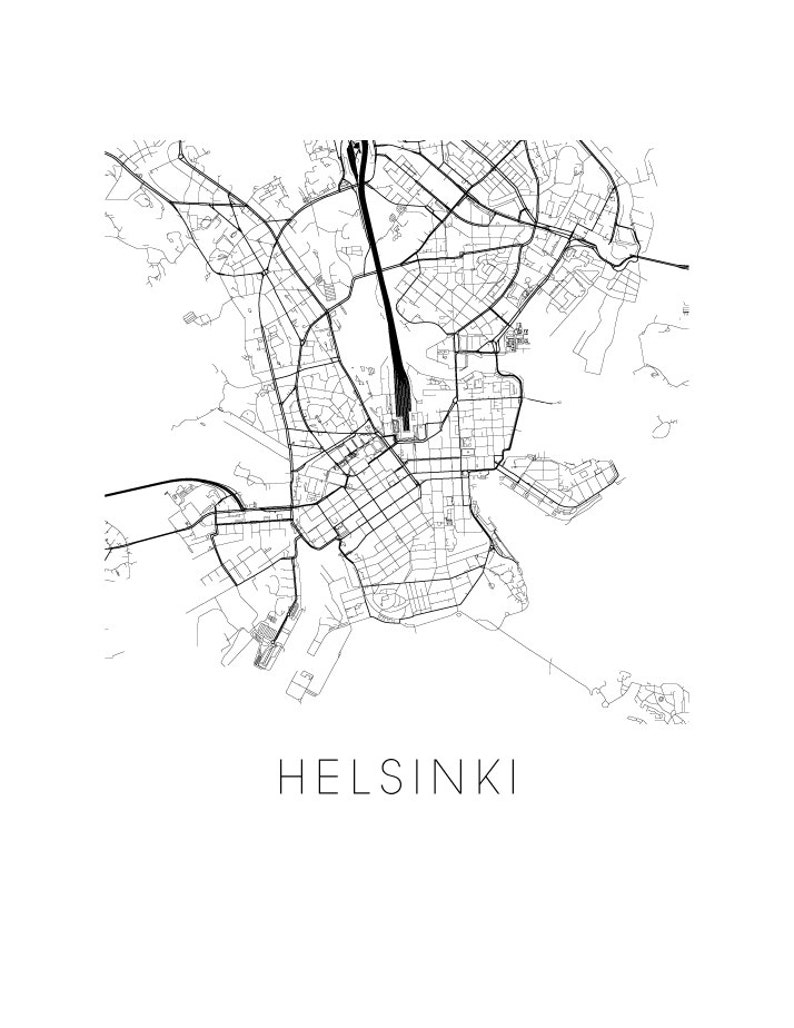 Helsinki Map Black and White Print Finland Black and White Etsy