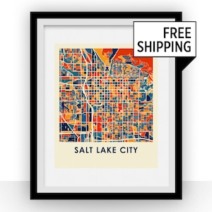 May include: A colourful, abstract map of Salt Lake City, Utah. The map is printed on a white background with a black frame. The map is made up of squares of different colours, including red, orange, yellow, blue, and green.