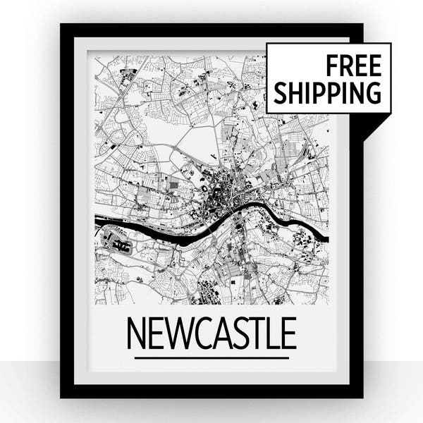 Newcastle Map Poster - England Map Print - Art Deco Series