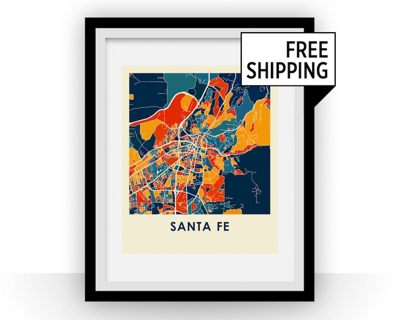 May include: A colorful map print of Santa Fe, New Mexico, with a white background and a black frame. The map is in a retro style with a blue, orange, and yellow color scheme.