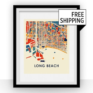 Long Beach Carte Estampe - affiche carte polychrome