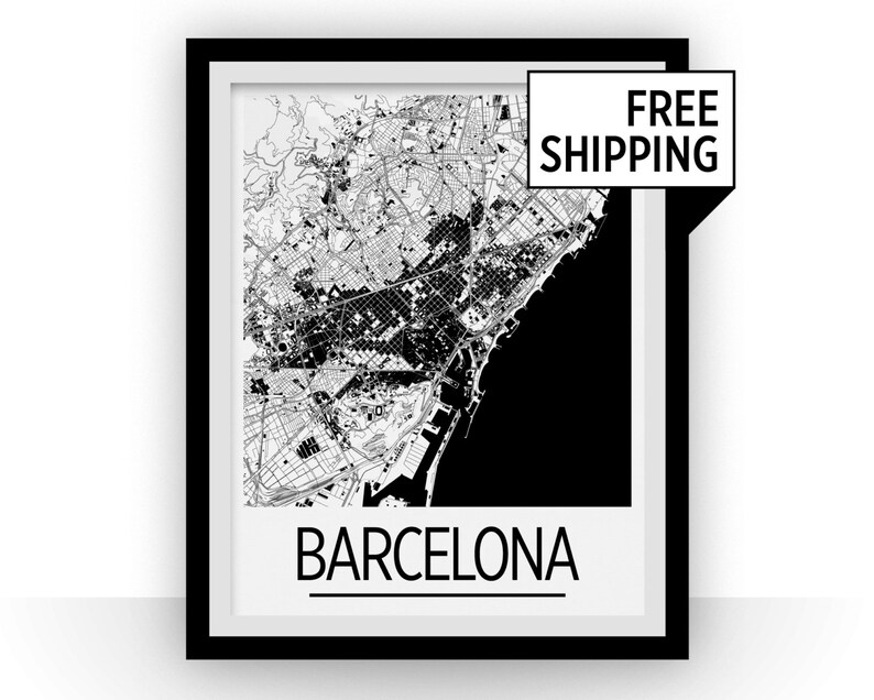 May include: Black and white city map print of Barcelona in a black frame with a white mat. The text "FREE SHIPPING" is in a white box with a black border.