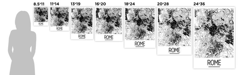 Puede incluir: Un mapa de Roma, Italia, en blanco y negro, impreso en papel blanco. El mapa est&aacute; disponible en varios tama&ntilde;os, que van desde 8,5 x 11 pulgadas hasta 24 x 36 pulgadas.