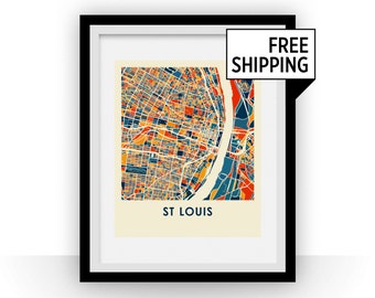 Puede incluir: Una impresión de mapa colorido de St. Louis, Misuri, con fondo blanco y marco negro. El mapa está en un estilo estilizado y abstracto con una variedad de colores, incluyendo rojo, naranja, amarillo, azul y verde.