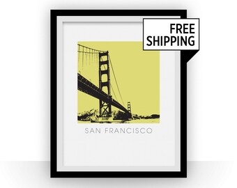 Könnte beinhalten: Schwarz-weiße Silhouette der Golden Gate Bridge vor gelbem Hintergrund. Der Text "SAN FRANCISCO" befindet sich unterhalb der Brücke.