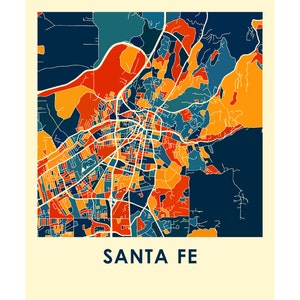 May include: A colorful map of Santa Fe, New Mexico, with a vintage style. The map is divided into different colored sections, representing different neighborhoods or areas of the city. The map is surrounded by a white border and the city name is written in bold, blue letters at the bottom.