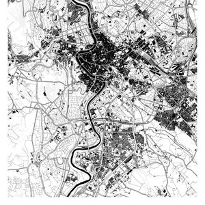 Puede incluir: Mapa en blanco y negro de Roma, Italia. El mapa muestra las calles, los r&iacute;os y los monumentos de la ciudad. La palabra "ROMA" est&aacute; impresa en negrita, en letras negras debajo del mapa.