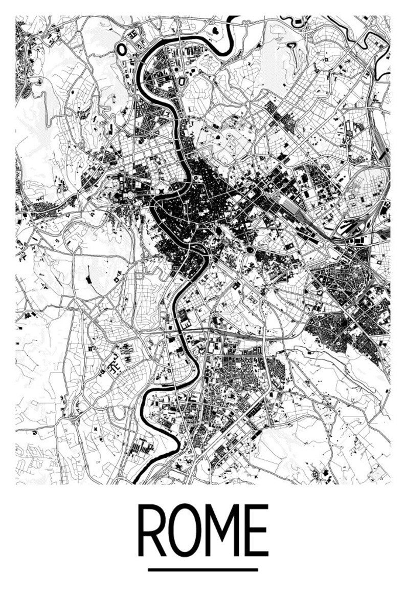 Puede incluir: Mapa en blanco y negro de Roma, Italia. El mapa muestra las calles, los r&iacute;os y los monumentos de la ciudad. La palabra "ROMA" est&aacute; impresa en negrita, en letras negras debajo del mapa.