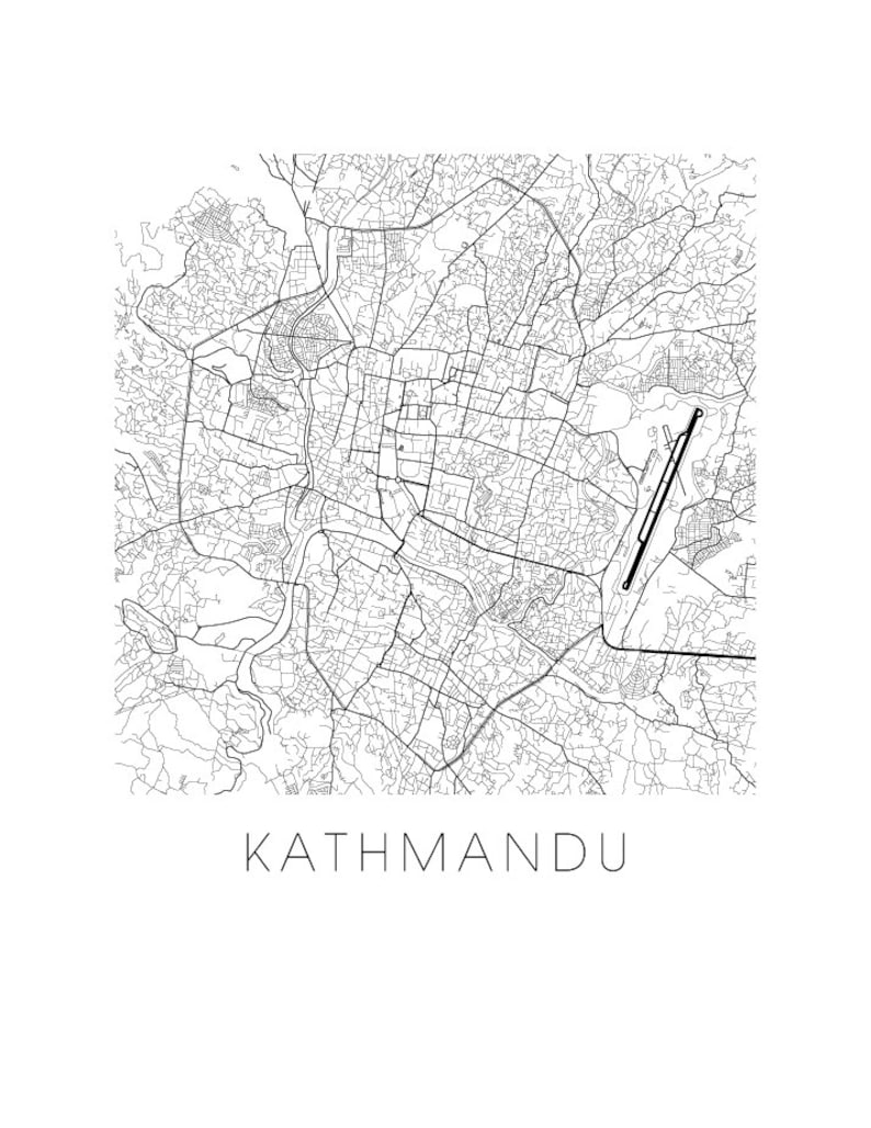 Kathmandu Map Black And White Print Nepal Black And White Etsy