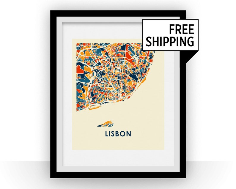 May include: A colorful map print of Lisbon, Portugal, with a white background and the word "LISBON" printed in navy blue at the bottom. The map is in a black frame.