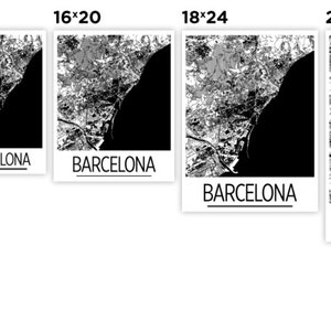May include: A black and white city map print of Barcelona, Spain. The print is available in various sizes, from 8.5 x 11 inches to 24 x 36 inches.