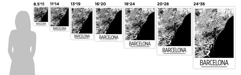 May include: A black and white city map print of Barcelona, Spain. The print is available in various sizes, from 8.5 x 11 inches to 24 x 36 inches.