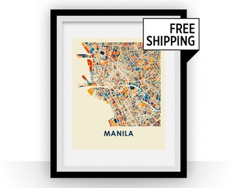 May include: A colorful map print of Manila, Philippines, with a white background and black frame. The map is in a vintage style with a variety of colors and patterns. The word "MANILA" is printed in blue at the bottom of the map.