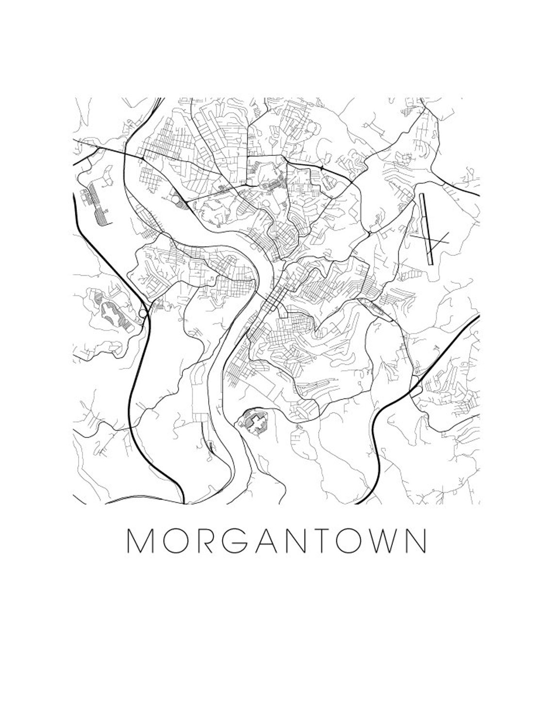 Morgantown Map Black and White Print West Virginia Black and | Etsy