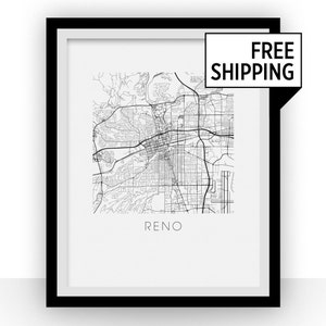 Impressão em preto e branco do mapa de Reno - Impressão de mapa em preto e branco de Nevada