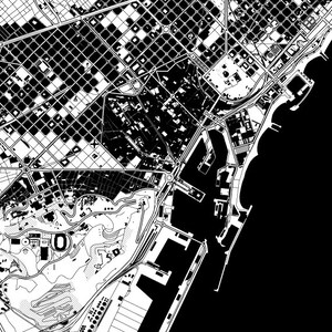May include: Black and white aerial map of a city with a large harbor and a stadium.