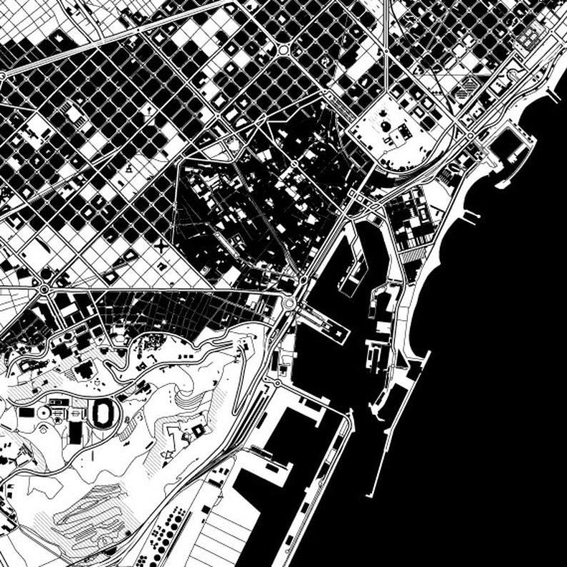 May include: Black and white aerial map of a city with a large harbor and a stadium.
